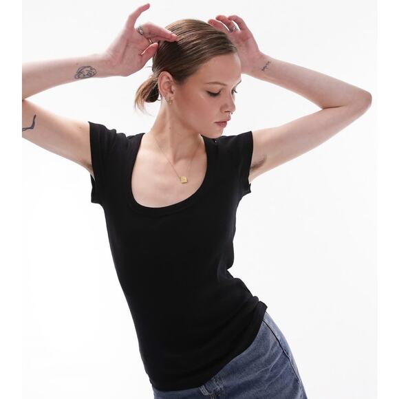 Ann Taylor Womens Black Cotton Scoop Neck Cap Sleeve Cute Little Tee Shirt Small - Picture 1 of 11